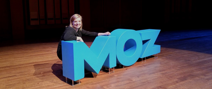 Sarah at Mozcon Ignite (on the stage at Benaroya Hall) in Seattle, July 2015